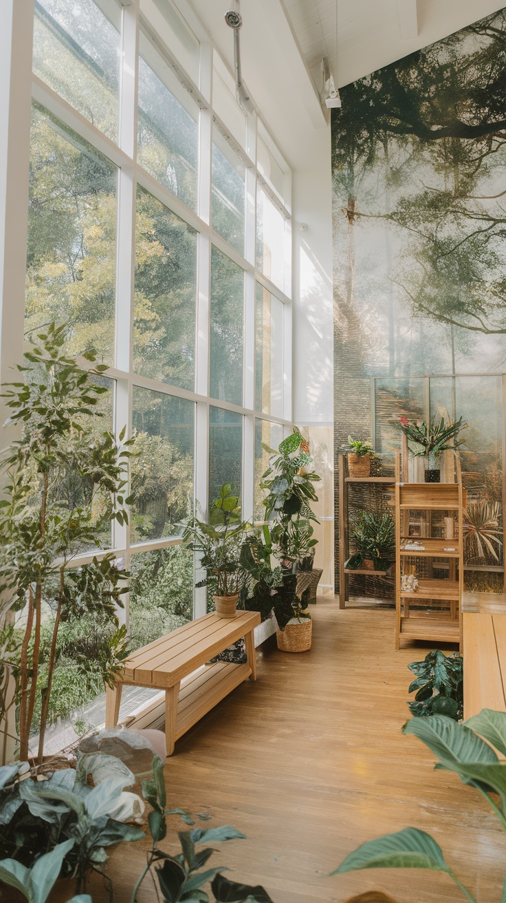 A bright room featuring large windows, various plants, and wooden furniture, exemplifying biophilic design.