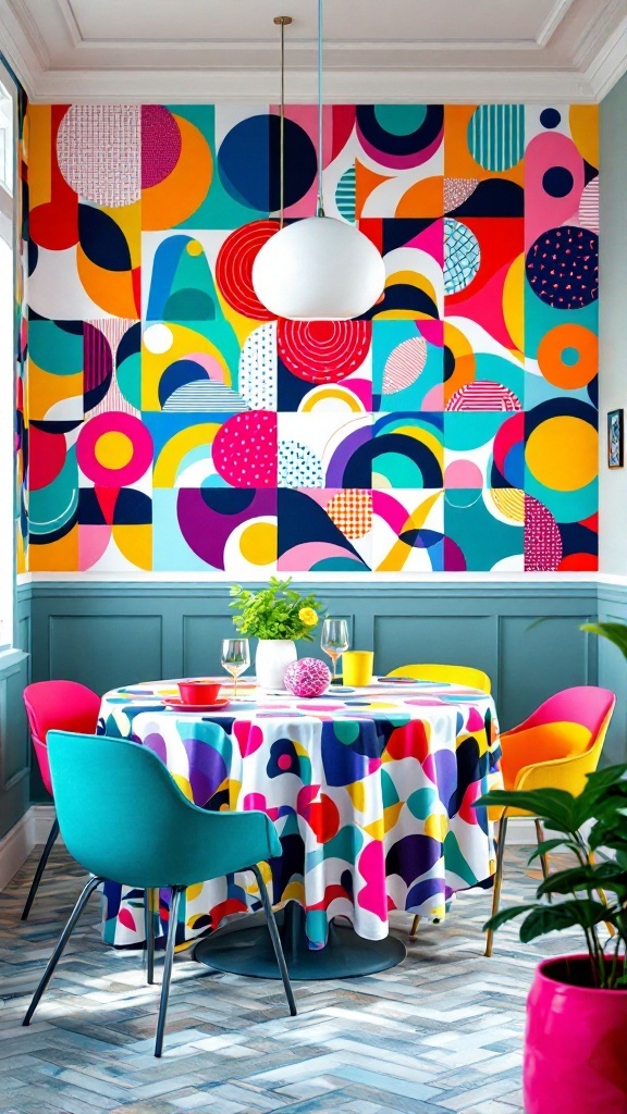 A bright dining area featuring a colorful geometric wall mural and a vibrant table setting.