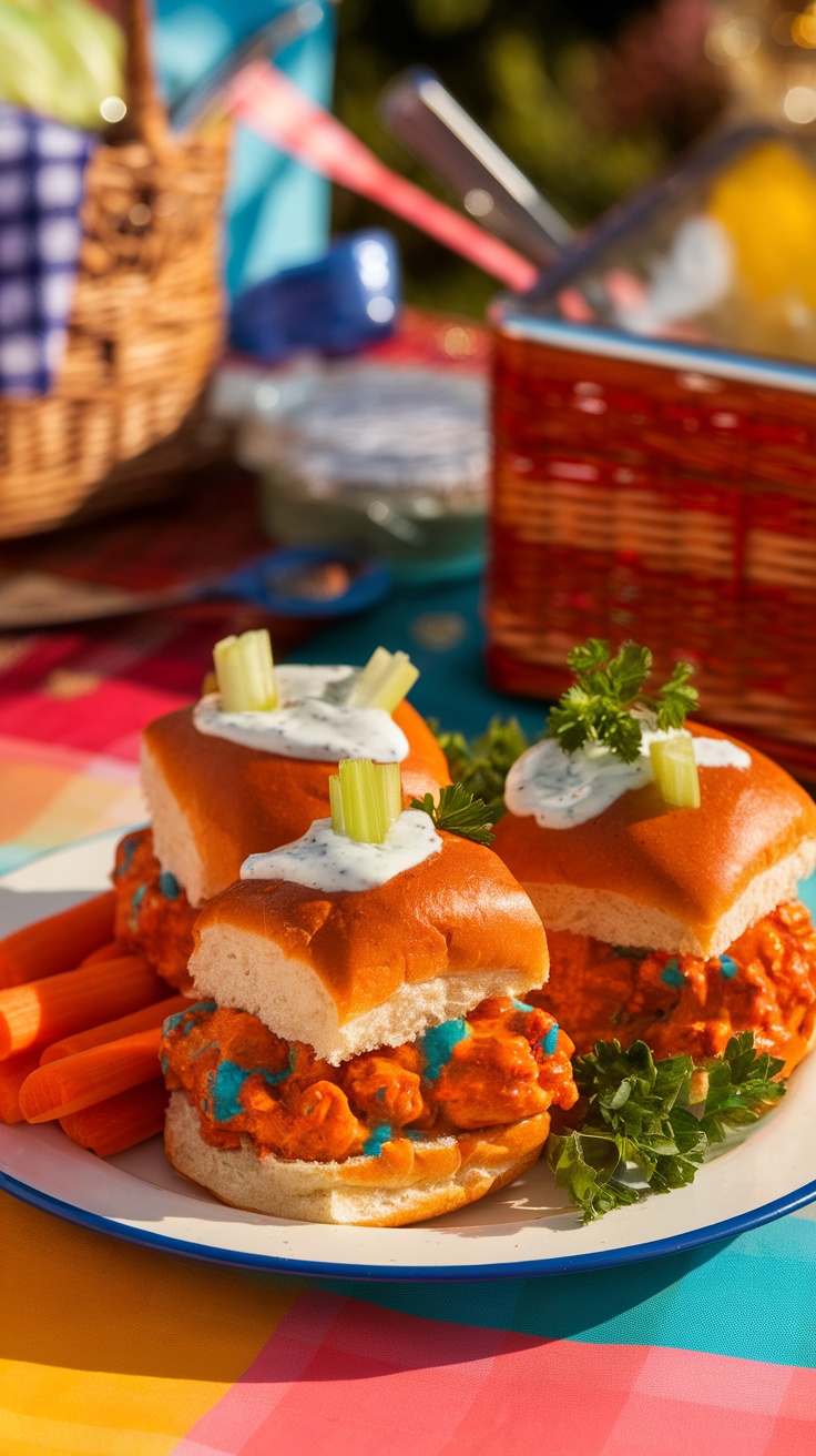 Buffalo chicken sliders with celery and ranch dressing