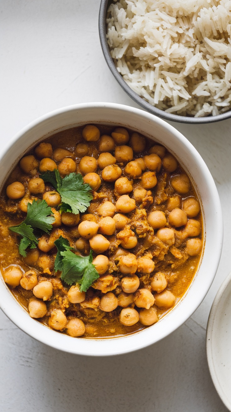 A bowl of chickpea curry garnished with cilantro, served with rice.