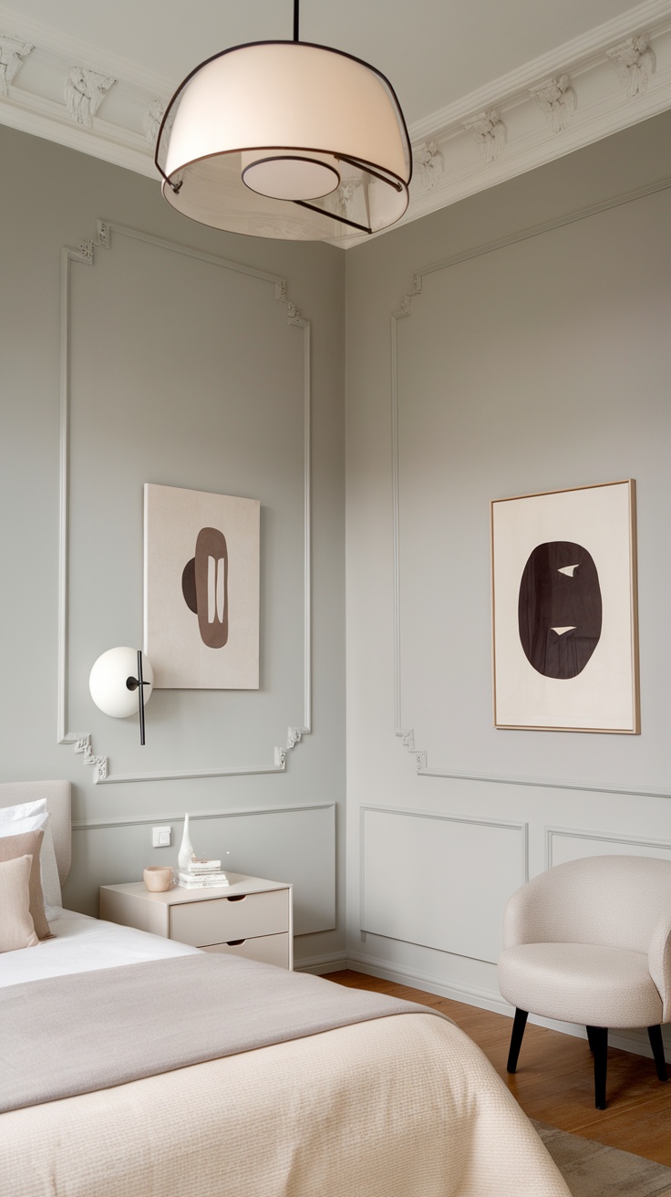 A modern minimalist bedroom featuring gray walls, beige bedding, and simple decor