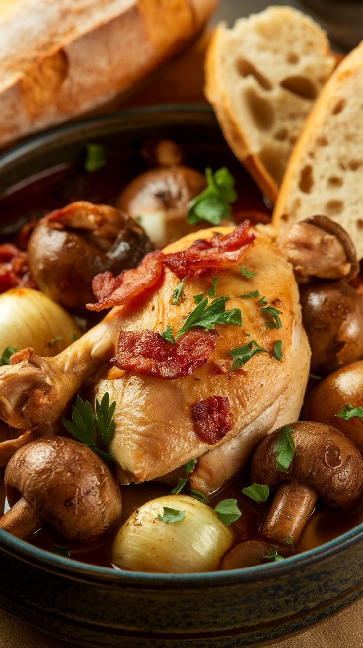 A delicious serving of Coq Au Vin with chicken, mushrooms, and bacon.