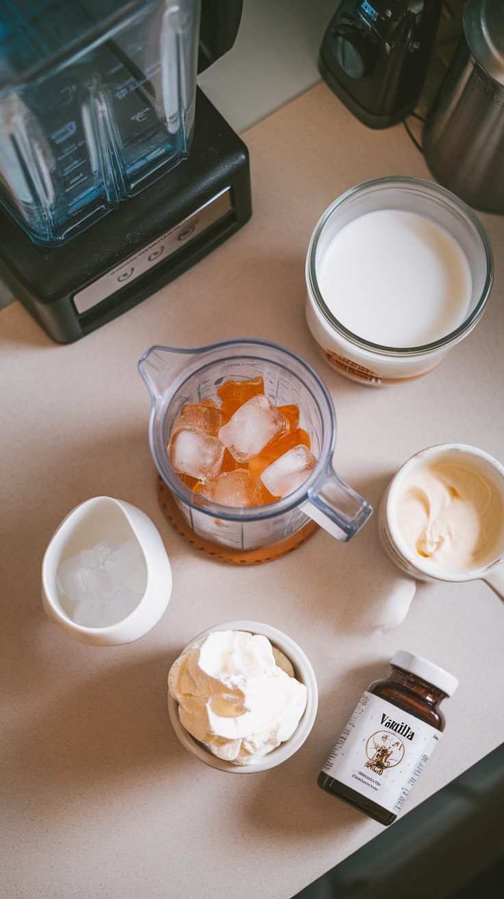 Ingredients and tools to make a vanilla bean frappuccino