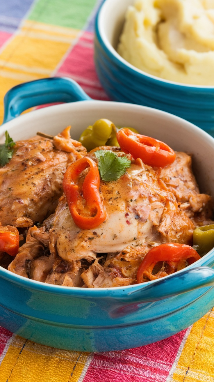 A bowl of Crockpot Mississippi Chicken with peppers and herbs, served with mashed potatoes.