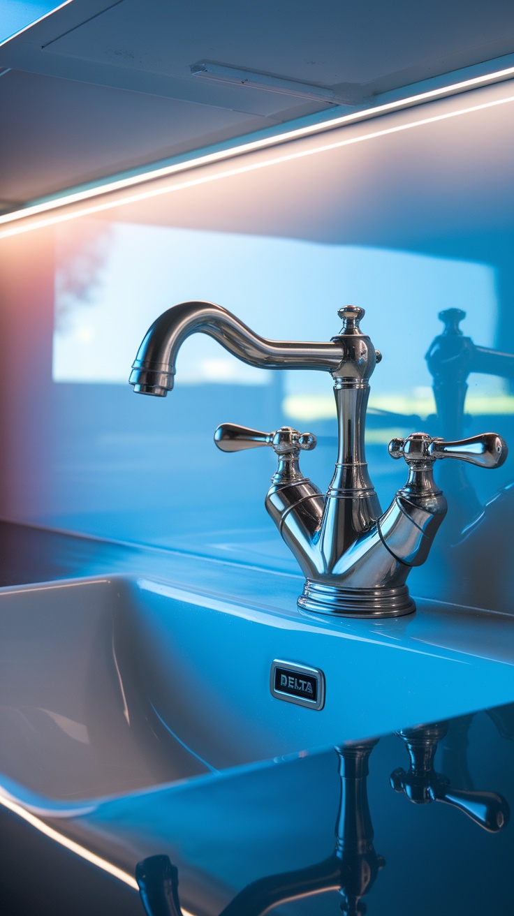Delta Faucet Trinsic displayed over a white sink, showcasing its stylish design and functionality.