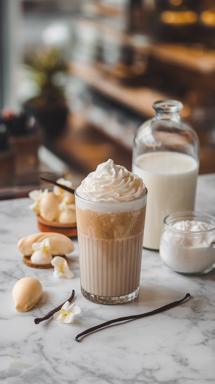 A refreshing Vanilla Bean Frappuccino with whipped cream on top, placed on a marble surface.