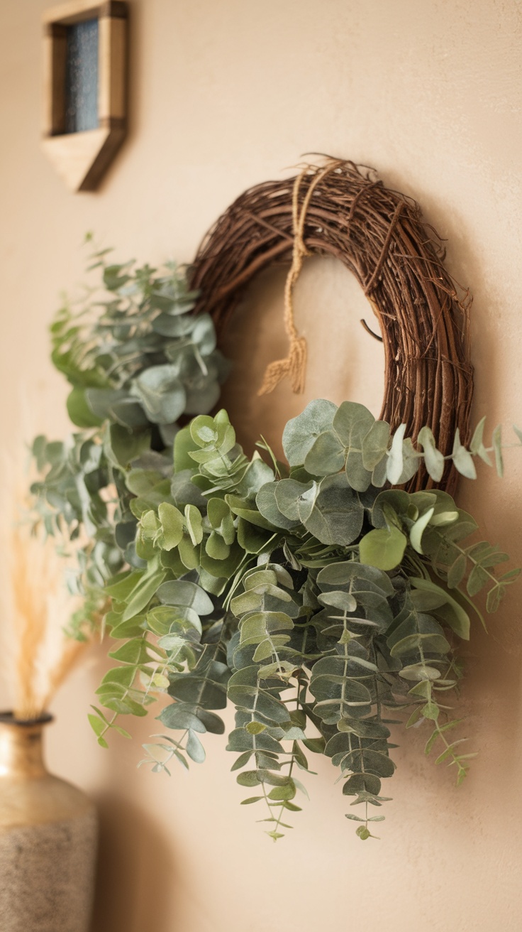 A eucalyptus wreath made of green leaves on a grapevine base, hanging on a wall.