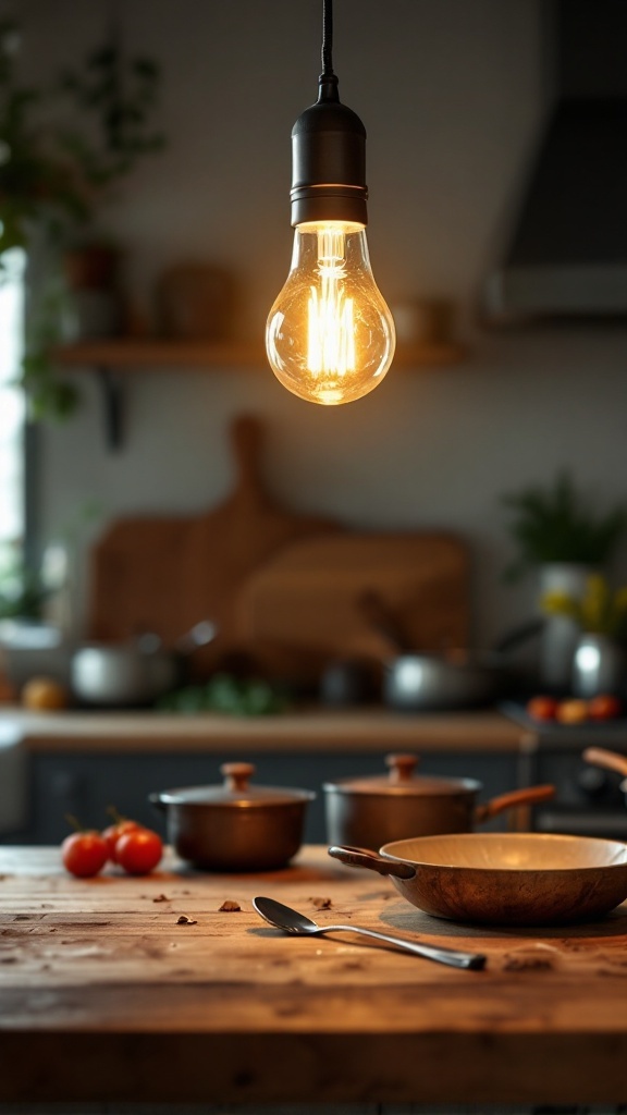 A GE Reveal LED light bulb hanging in a warm white kitchen, illuminating a wooden table with pots and tomatoes.