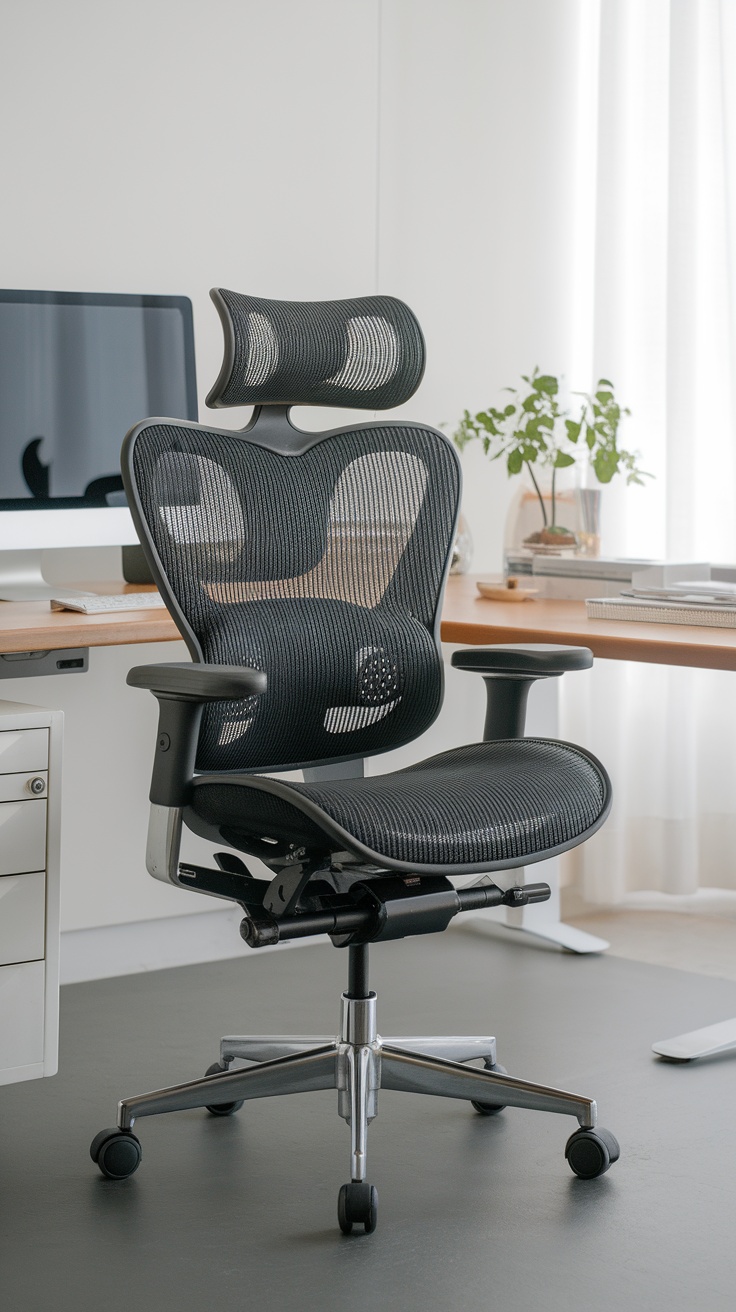 A Herman Miller Aeron chair in a modern home office setting with a desk and plant.