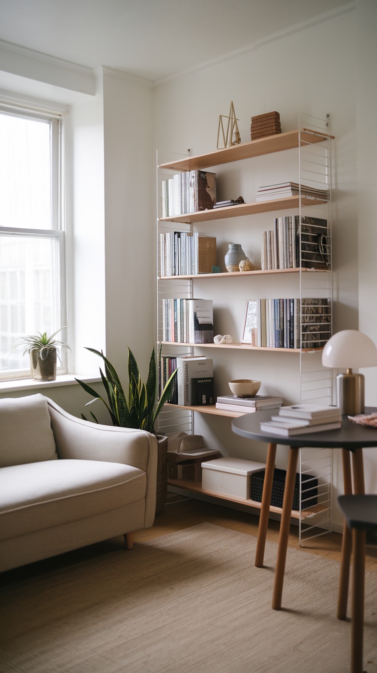 A well-organized Ikea Kallax shelving unit displaying books and decorative items in a cozy living space.