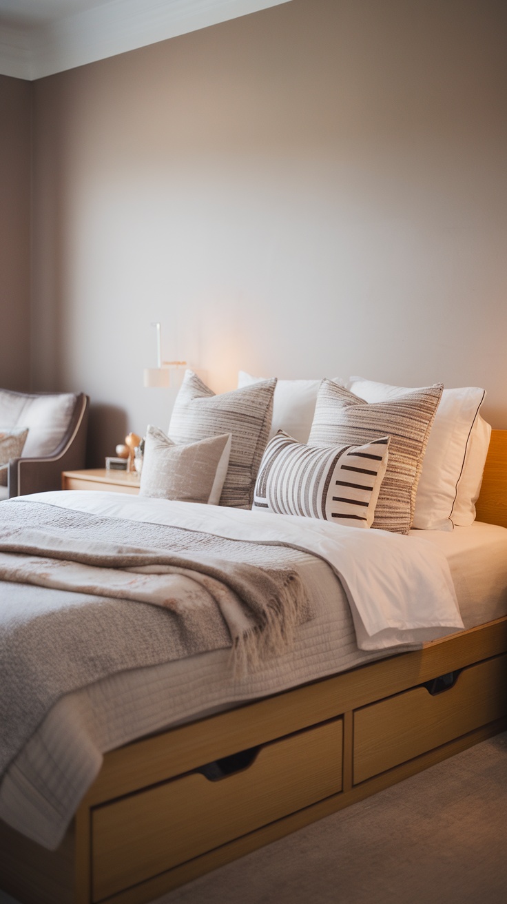 Ikea Malm bed frame with neutral bedding and pillows in a cozy bedroom setting.