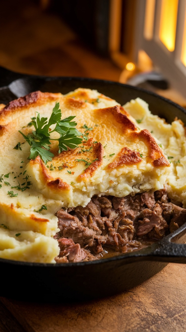 A delicious serving of Irish Shepherd's Pie with a golden mashed potato topping and savory meat filling.