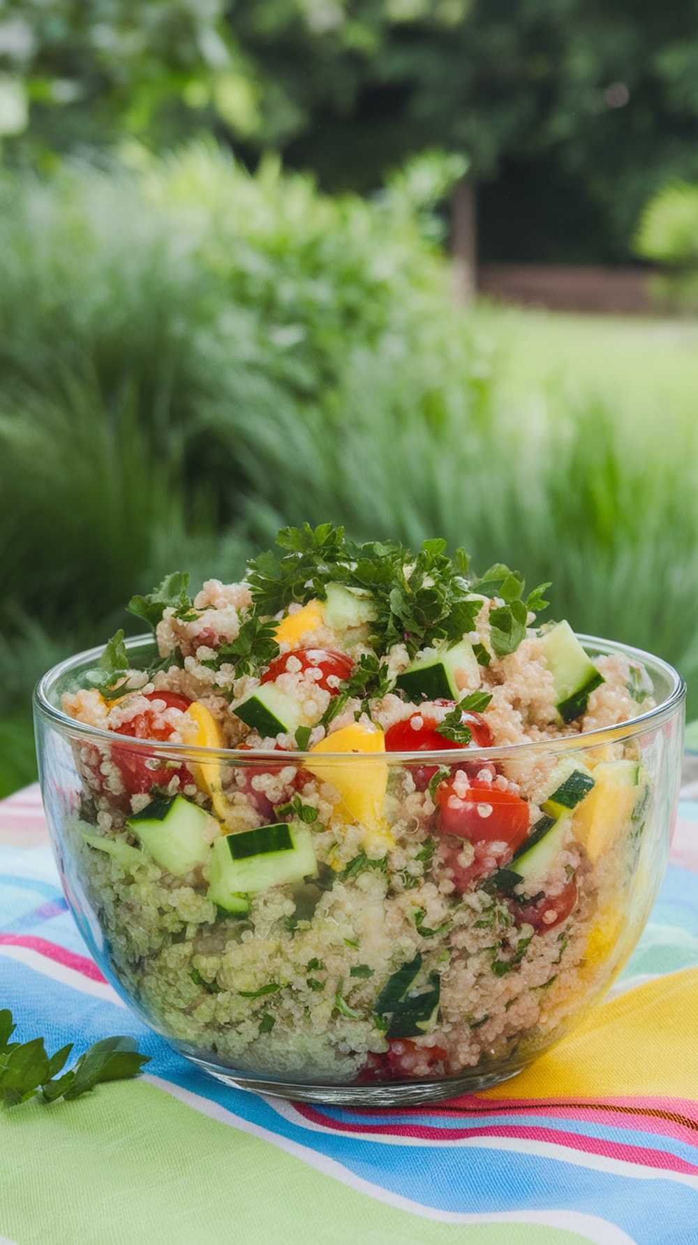 A colorful bowl of lemon herb quinoa salad with tomatoes, cucumbers, and fresh herbs.