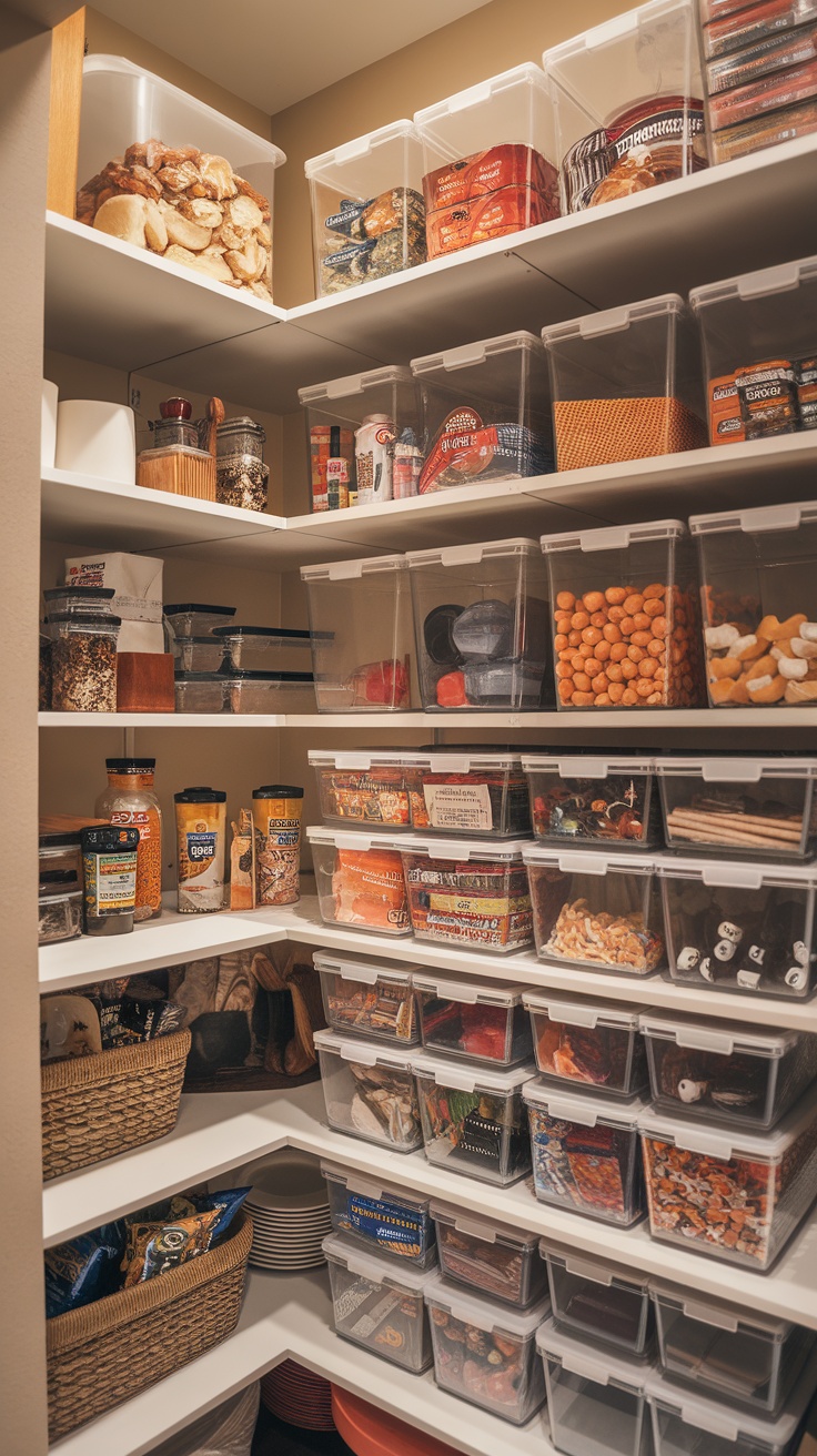A neatly organized pantry with Mdesign stackable plastic storage bins filled with various food items.