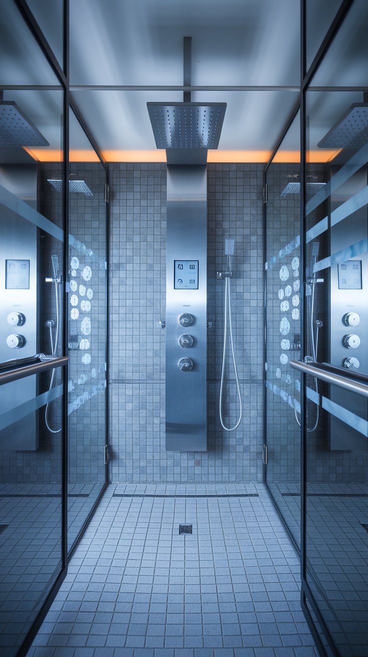 Modern bathroom featuring a Moen U By Moen Smart Shower with sleek design and control panel.
