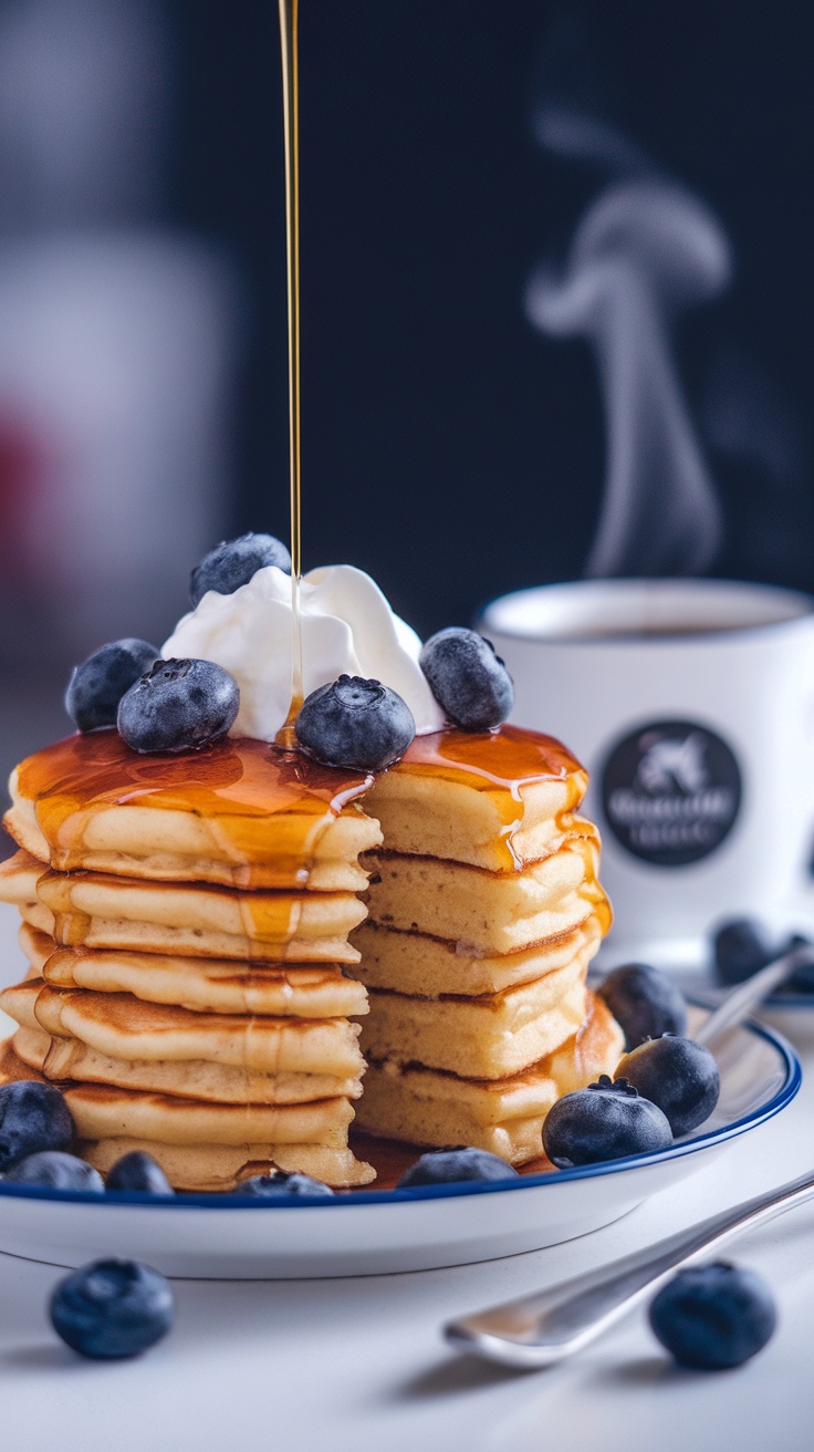 Delicious fluffy pancakes topped with blueberries and syrup.