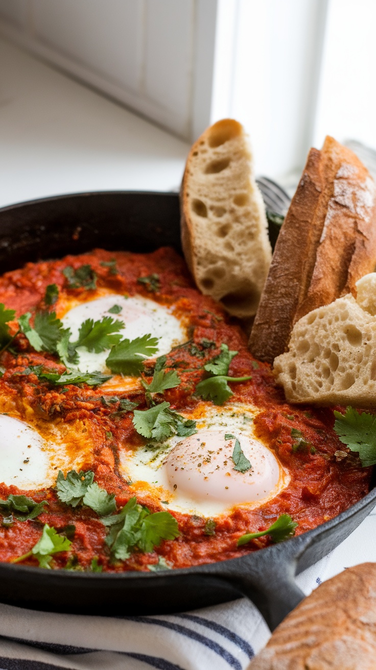 A skillet filled with shakshuka, topped with poached eggs and herbs, served with crusty bread.