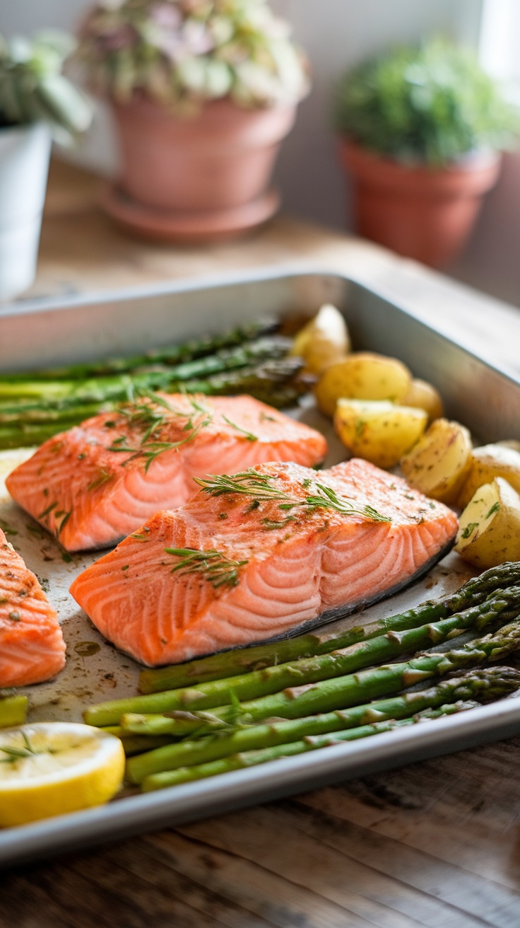 Sheet pan dinner featuring salmon fillets, asparagus, and baby potatoes arranged on a baking tray.