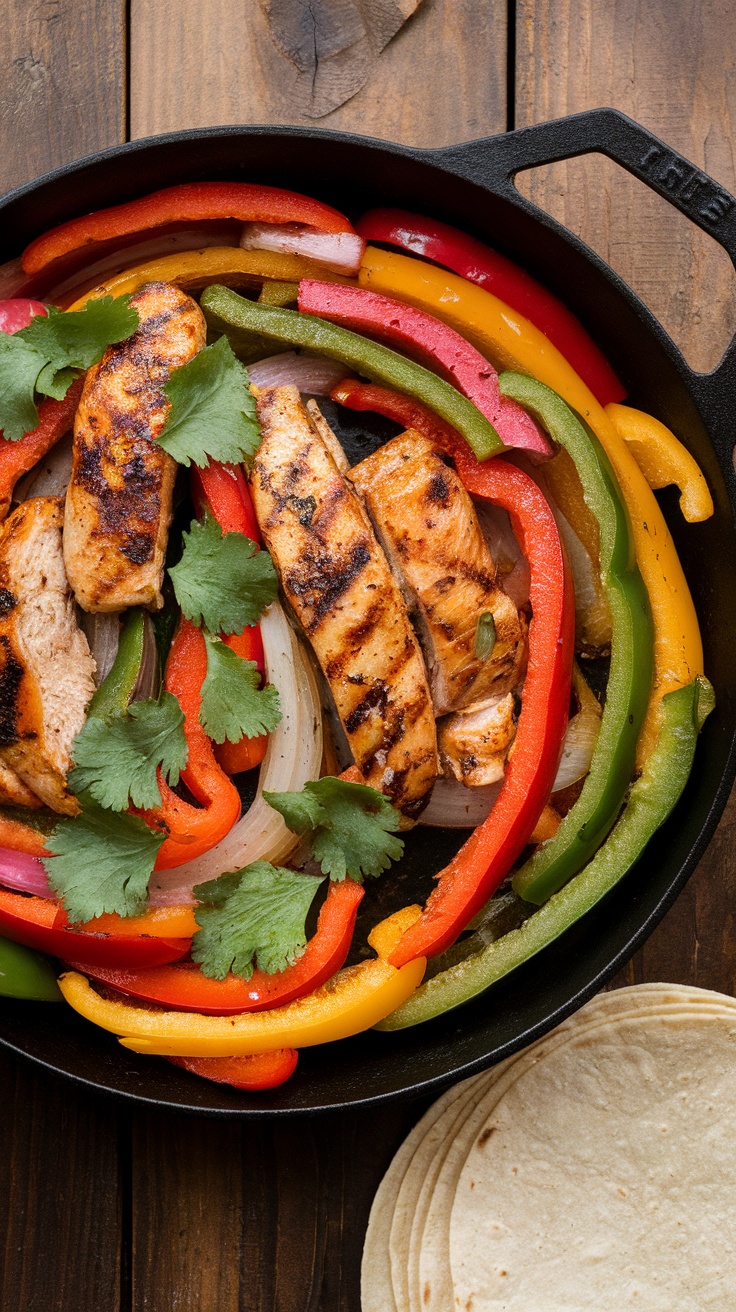 A colorful skillet filled with grilled chicken, bell peppers, and onions served with tortillas.