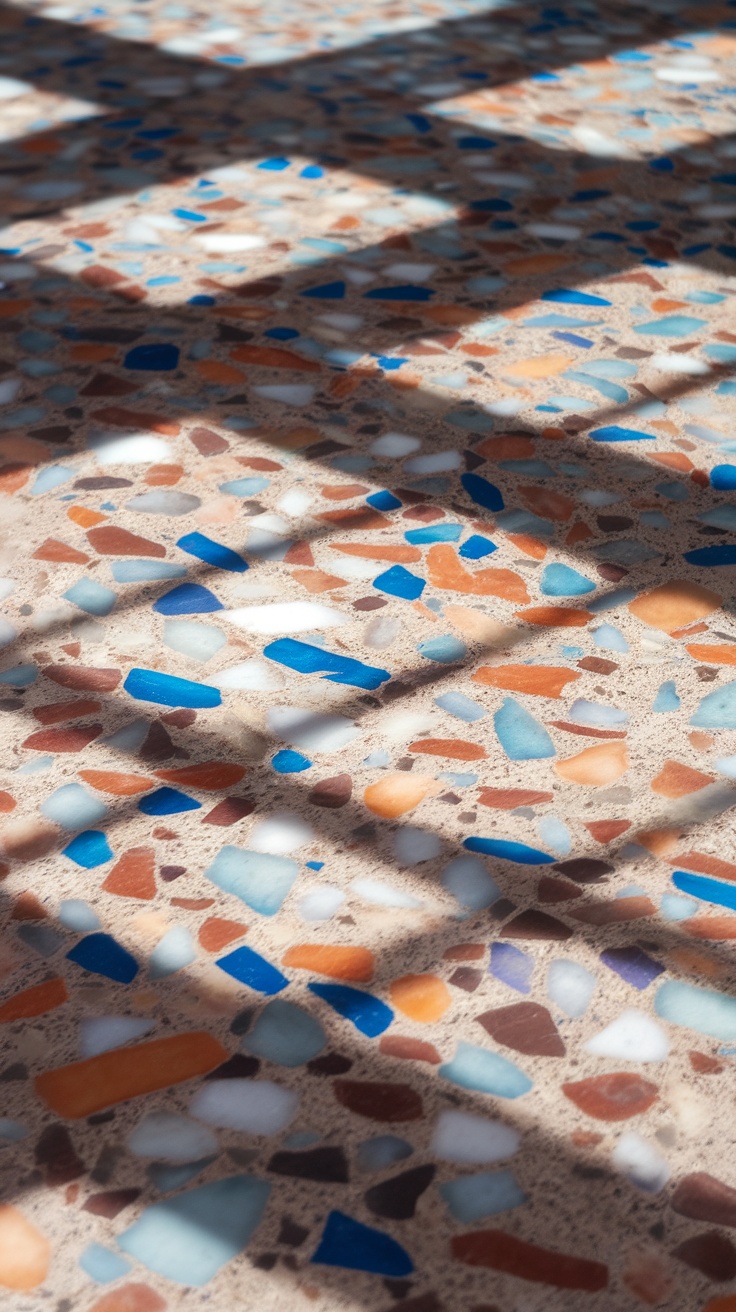 A close-up view of colorful terrazzo tiles featuring blue, orange, and white pieces.