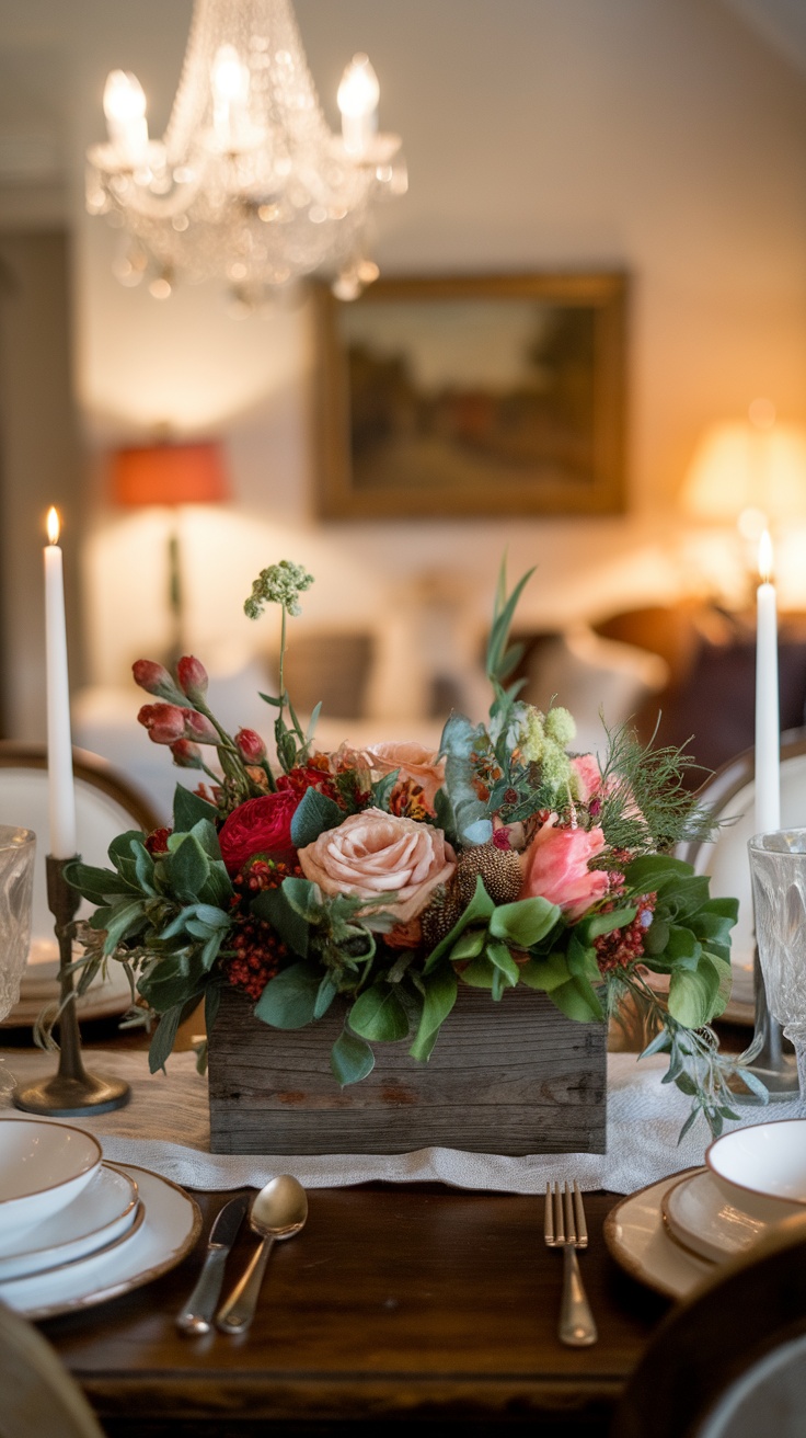 A rustic wood centerpiece filled with colorful flowers on a dining table, surrounded by elegant dinnerware.