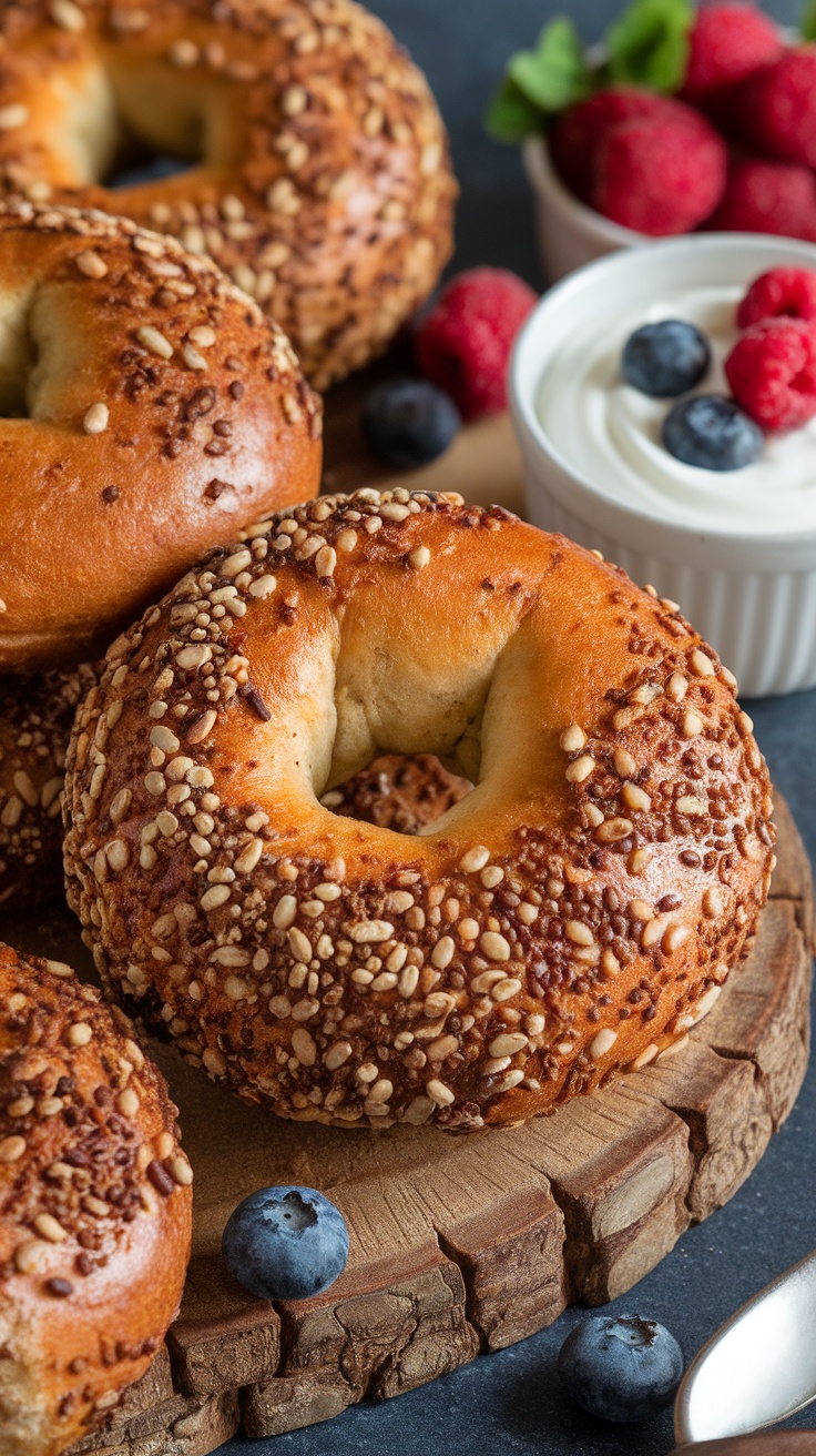 Homemade whole grain protein bagels topped with sesame seeds, surrounded by fresh blueberries and raspberries.