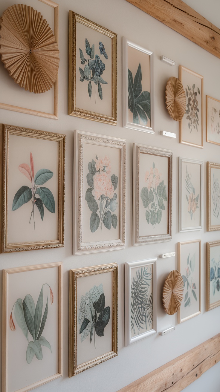 Gallery wall displaying various framed botanical prints with a mix of floral and leaf designs.