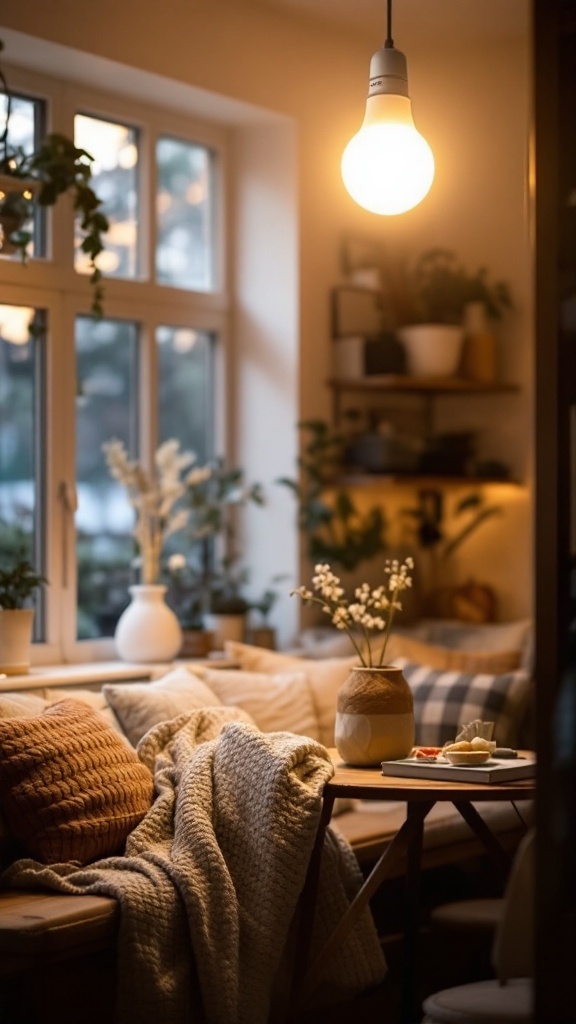 A cozy kitchen scene with a warm light bulb illuminating the space, featuring soft textures and earthy tones.