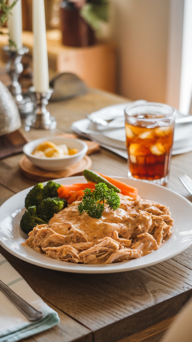 A plate of shredded Mississippi chicken served with broccoli and carrots.