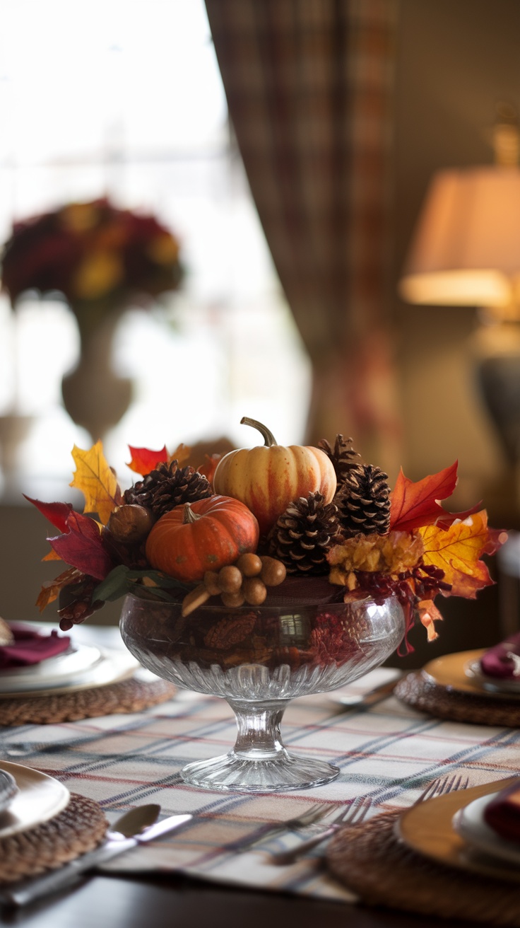 A seasonal dining table centerpiece featuring pumpkins, pine cones, and autumn leaves arranged in a glass bowl.