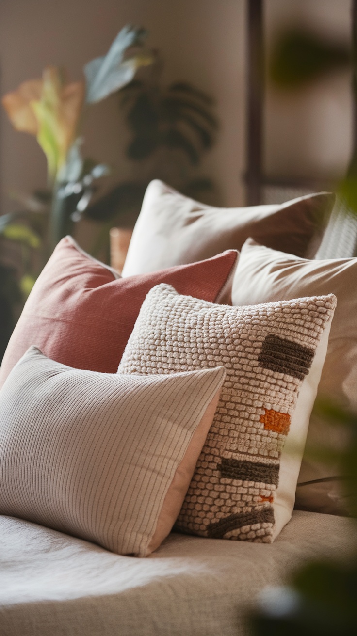 A collection of H&M Home cushions in various textures and colors arranged on a bed.
