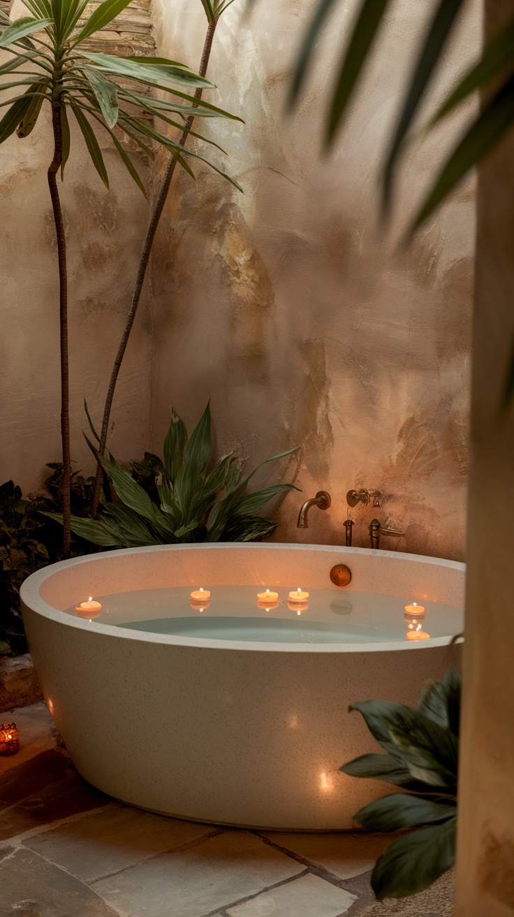 A modern Kohler Underscore bathtub surrounded by plants and candles, creating a serene ambiance.