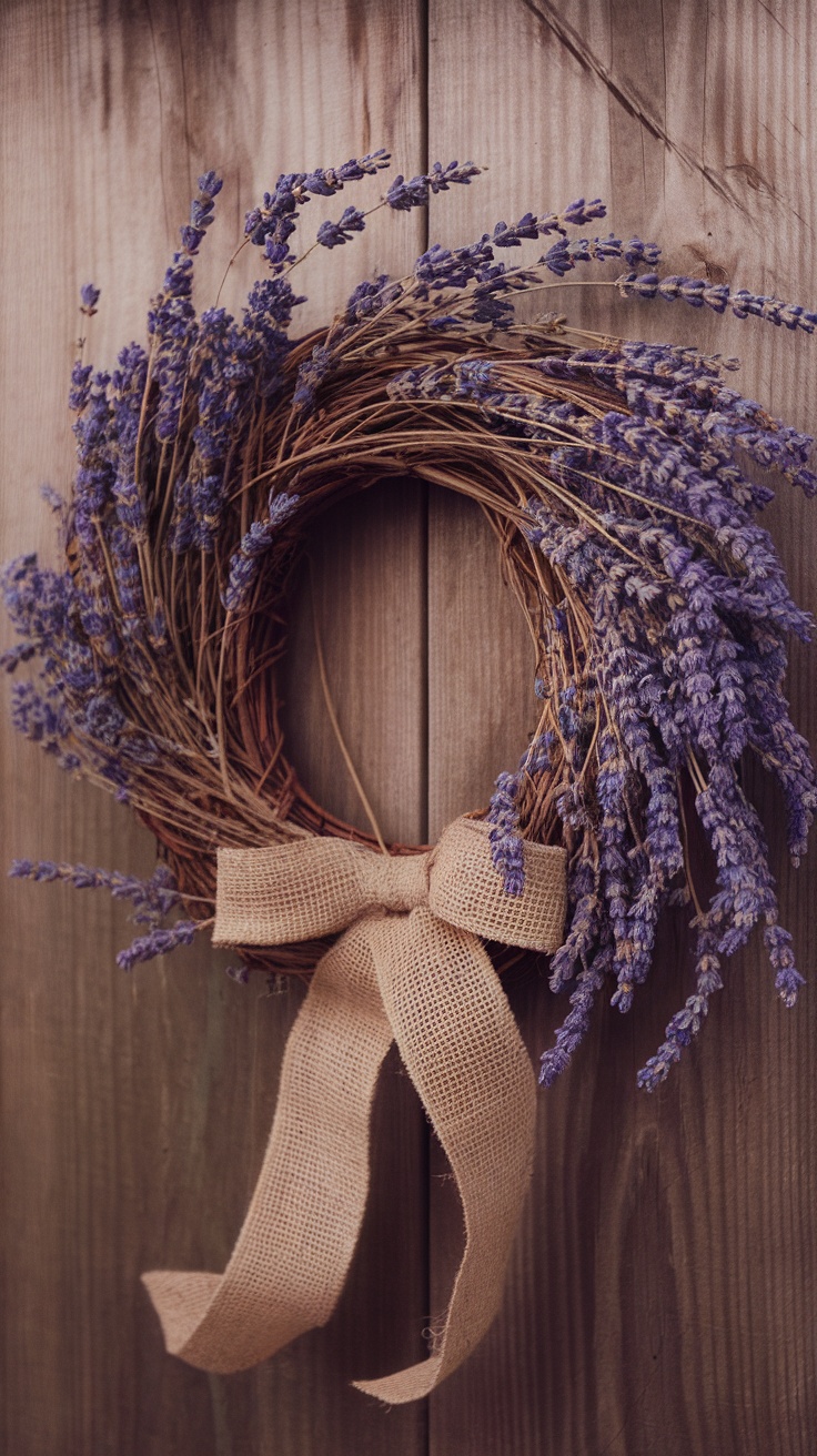 Lavender wreath with burlap ribbon hanging on a wooden door