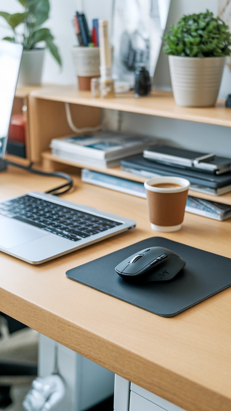 Desk setup featuring a Logitech MX Master 3 mouse, a laptop, coffee cup, and organized stationery.
