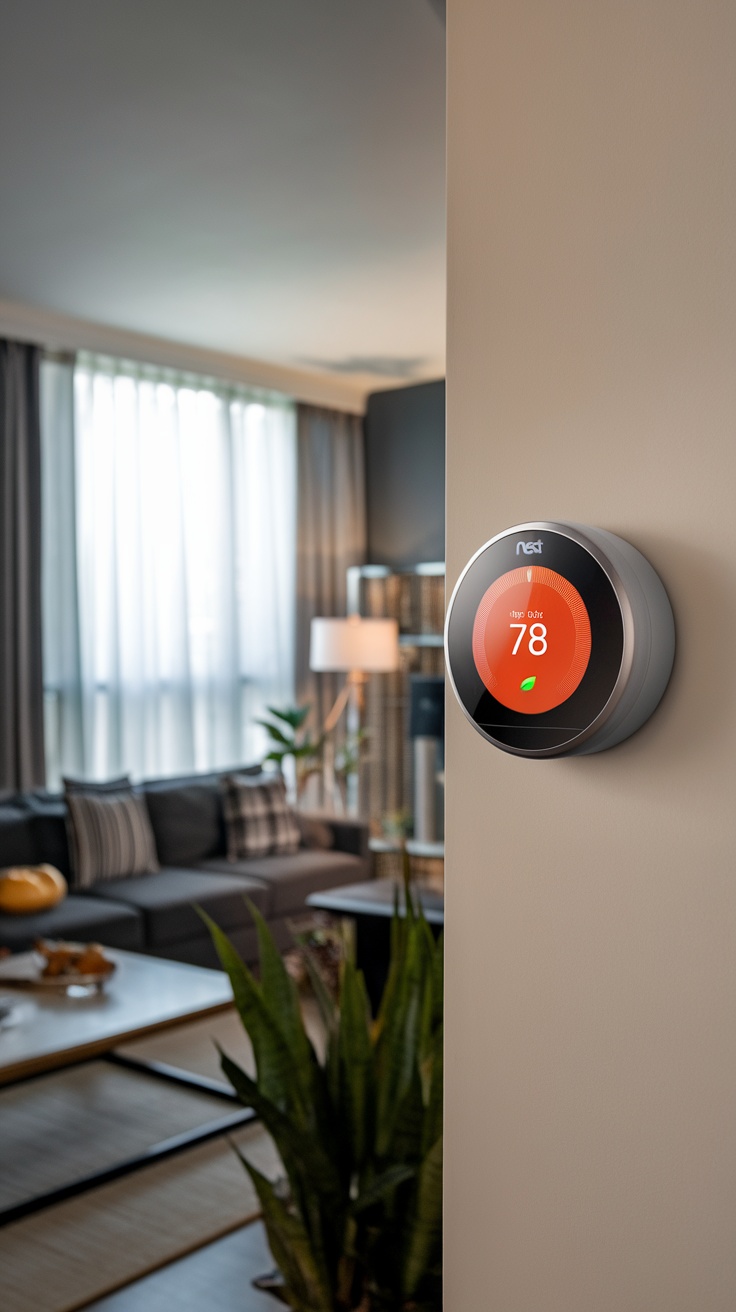 A Nest Learning Thermostat on a wall displaying 78 degrees in a modern living room.