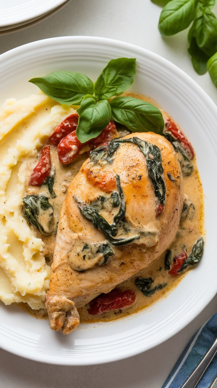 A serving of creamy Tuscan chicken served with mashed potatoes, garnished with fresh basil.