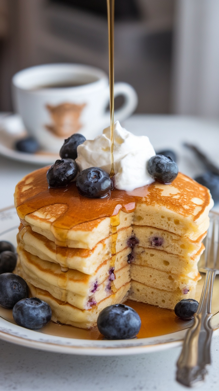 Fluffy pancakes stacked with blueberries and syrup