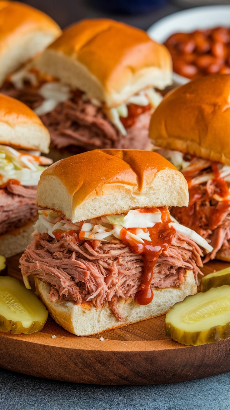 Pulled pork sliders served with coleslaw and pickles