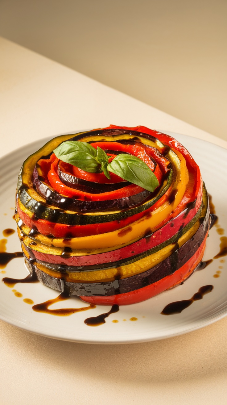 A beautifully arranged dish of ratatouille featuring layers of colorful vegetables.