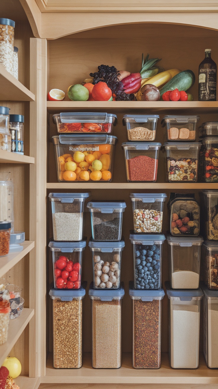 Organized pantry with Rubbermaid Brilliance Storage Containers holding various foods and ingredients.