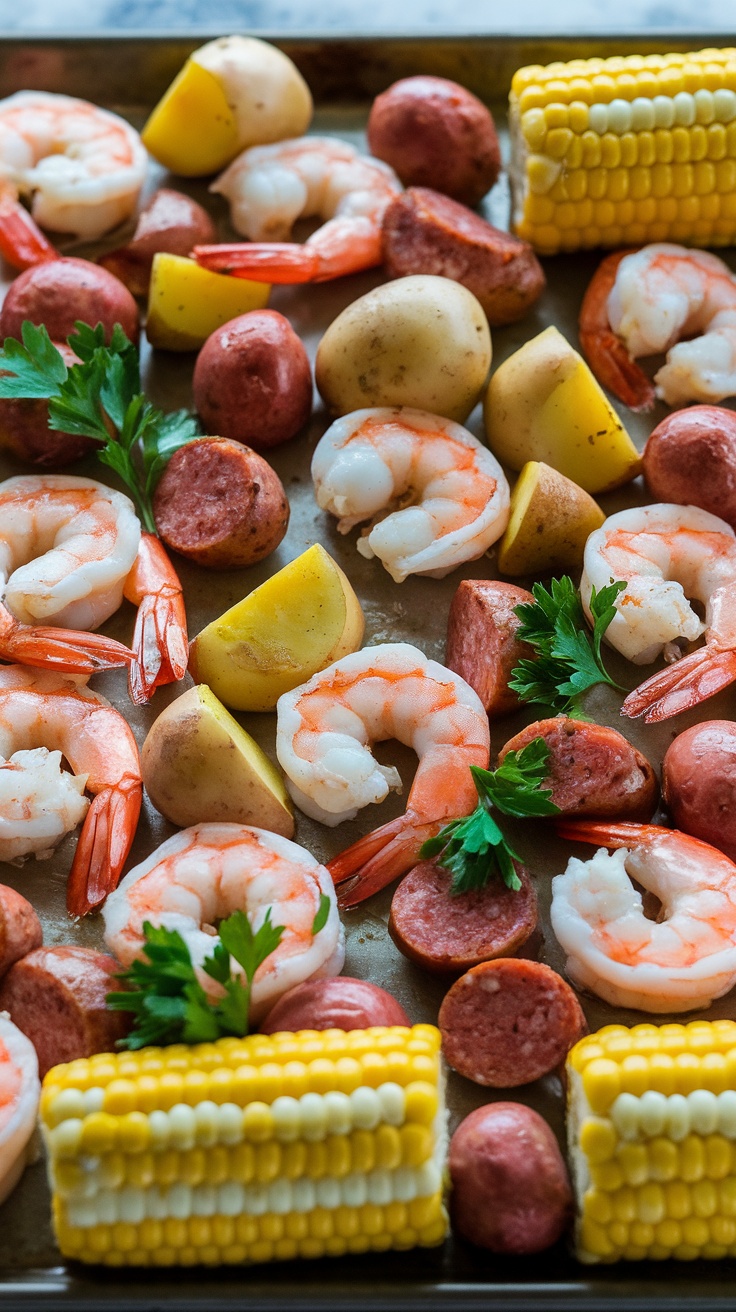 A colorful and appetizing sheet pan shrimp boil with shrimp, potatoes, corn, and sausage.