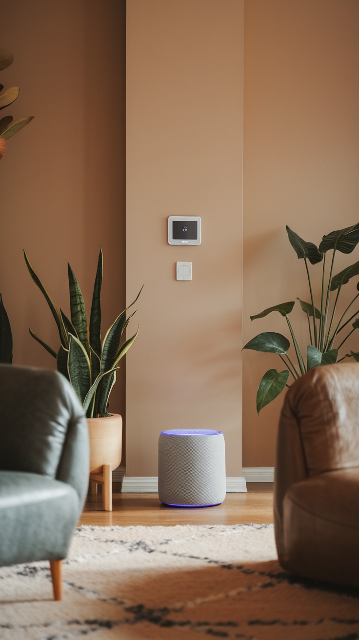 A contemporary living room with smart home devices including a speaker and a thermostat.
