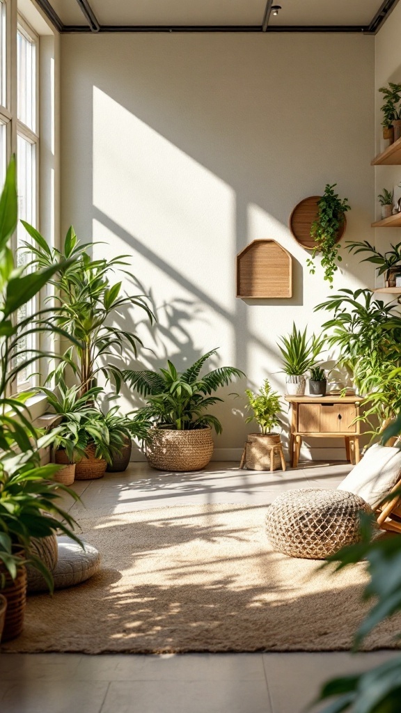 A bright, plant-filled room featuring natural light, a woven rug, and wooden furniture.