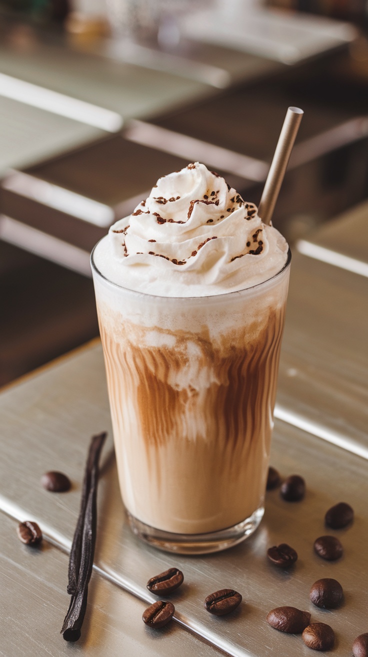 A creamy vanilla bean frappuccino topped with whipped cream and cocoa powder.