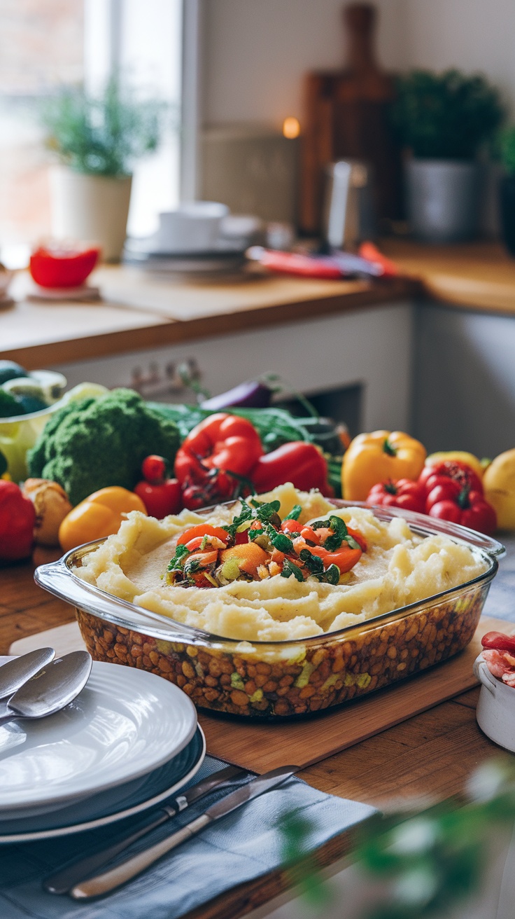 A delicious vegetarian shepherd's pie with a creamy potato topping and a colorful lentil filling.