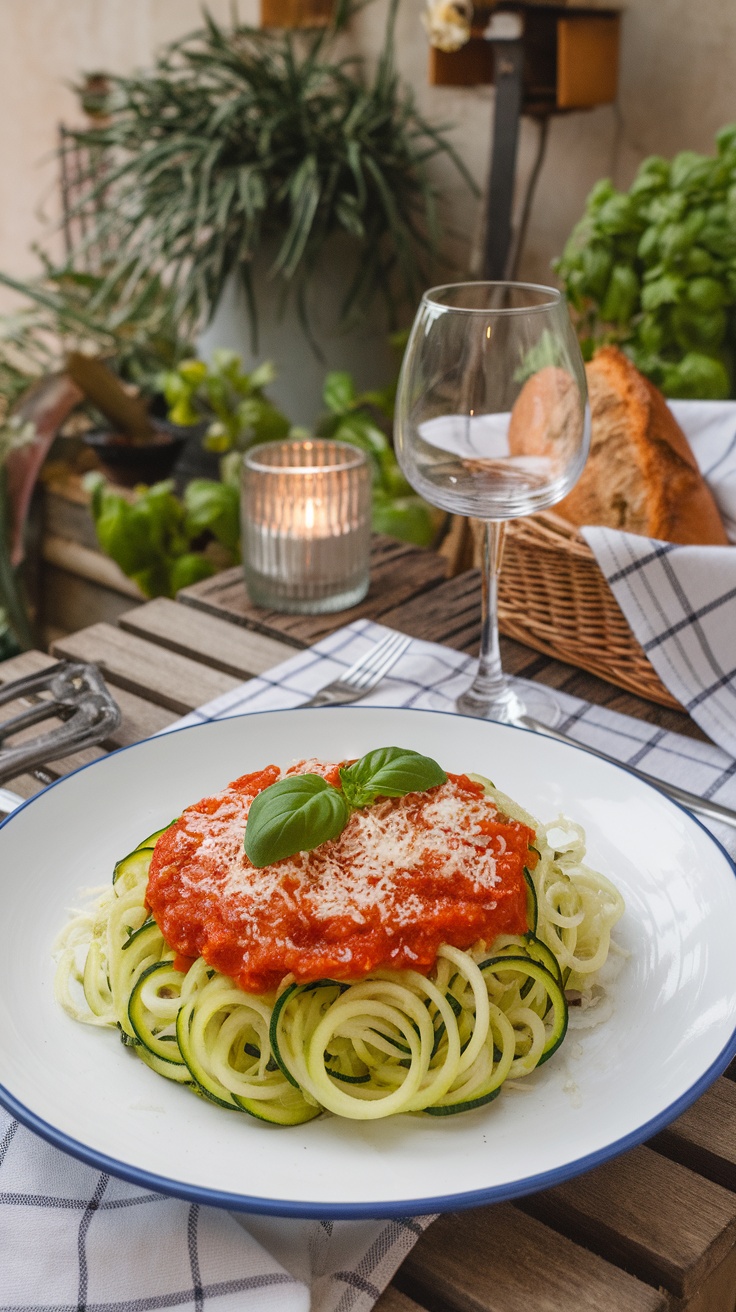 A plate of zucchini noodles topped with marinara sauce and garnished with basil.