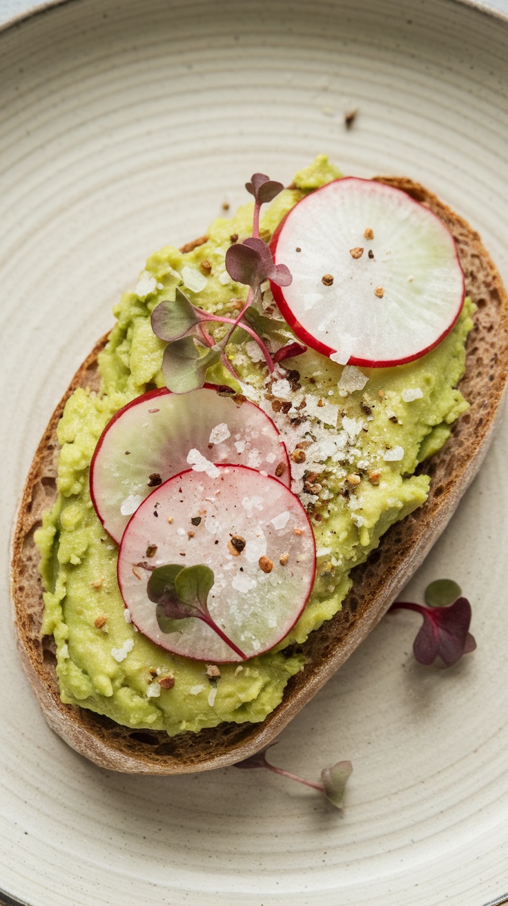 A delicious avocado toast topped with radish slices and microgreens on a plate.
