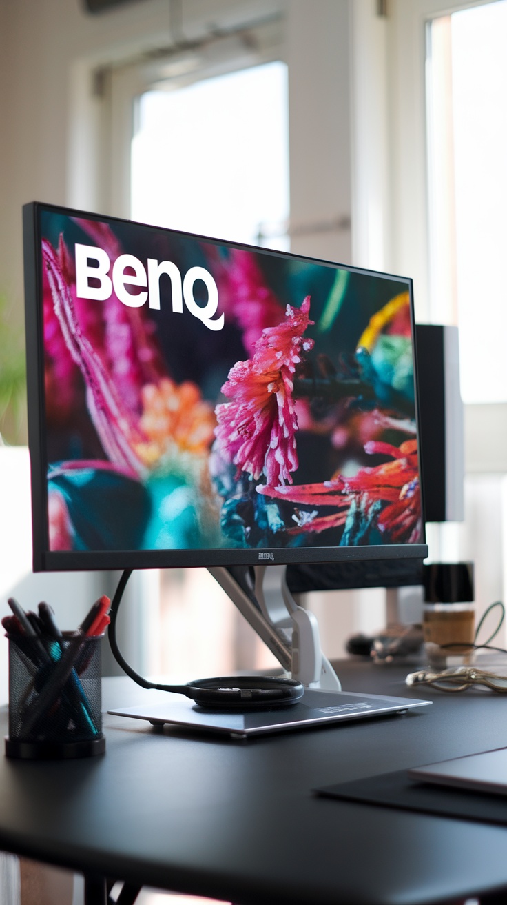 Benq Sw271 monitor displaying vibrant flowers on the screen