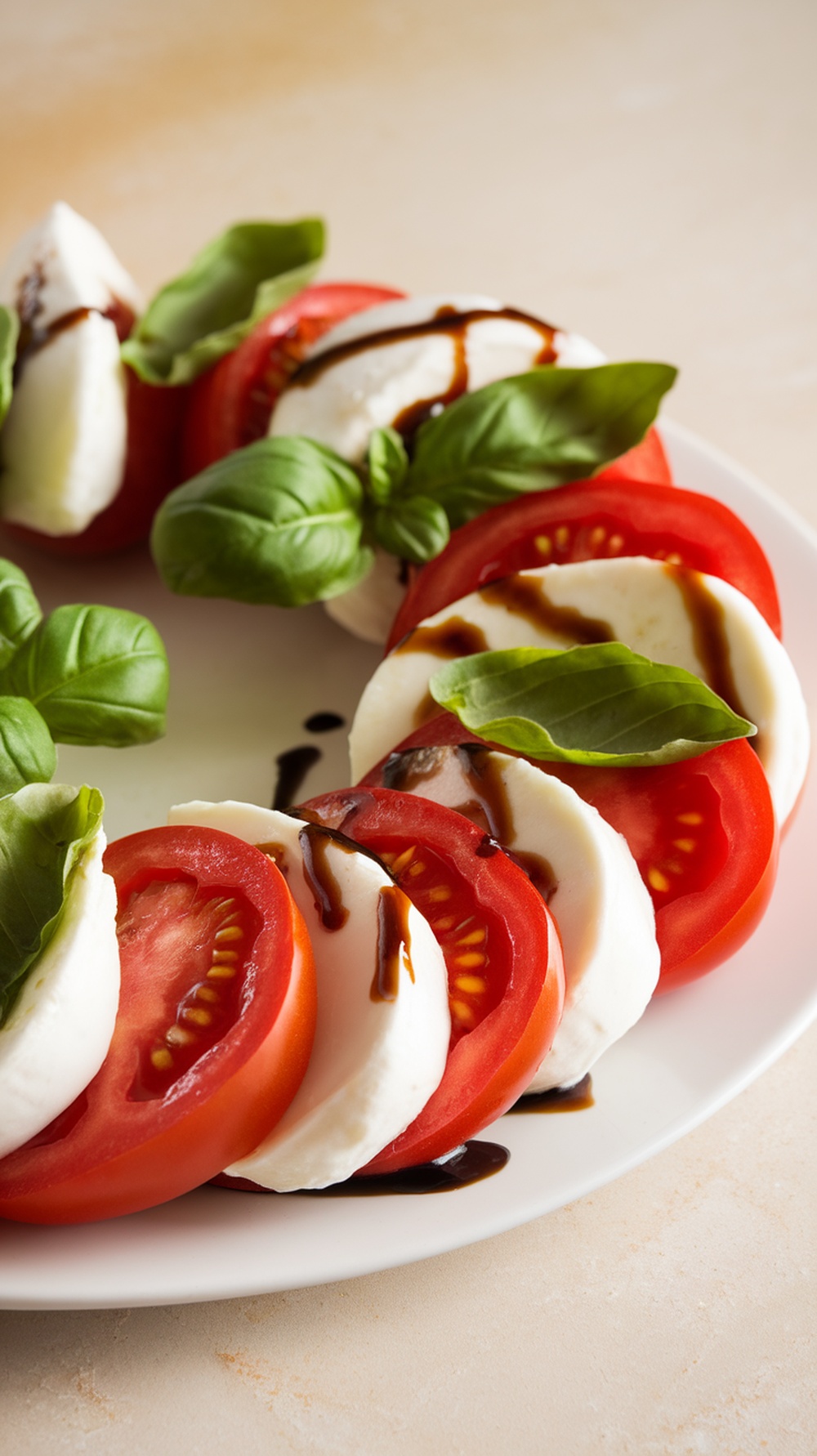 Caprese salad featuring fresh mozzarella, tomatoes, and basil.
