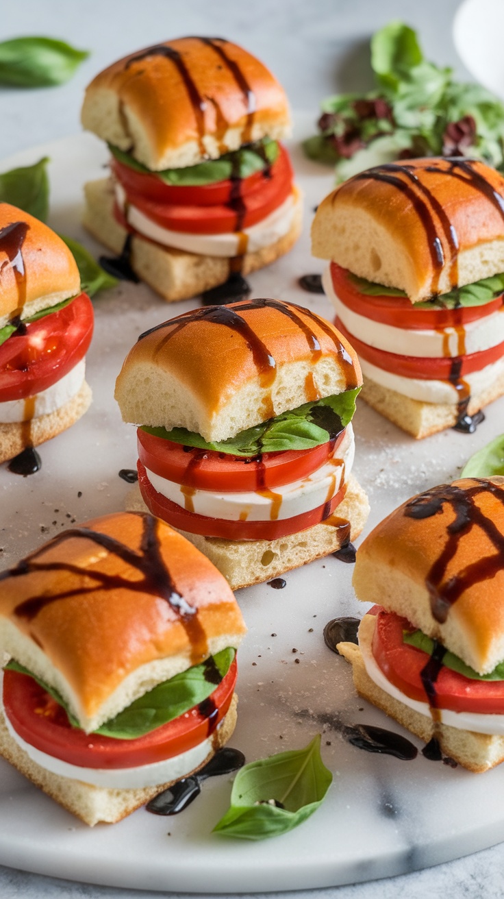 Delicious Caprese sliders with mozzarella, tomatoes, basil, and balsamic glaze.